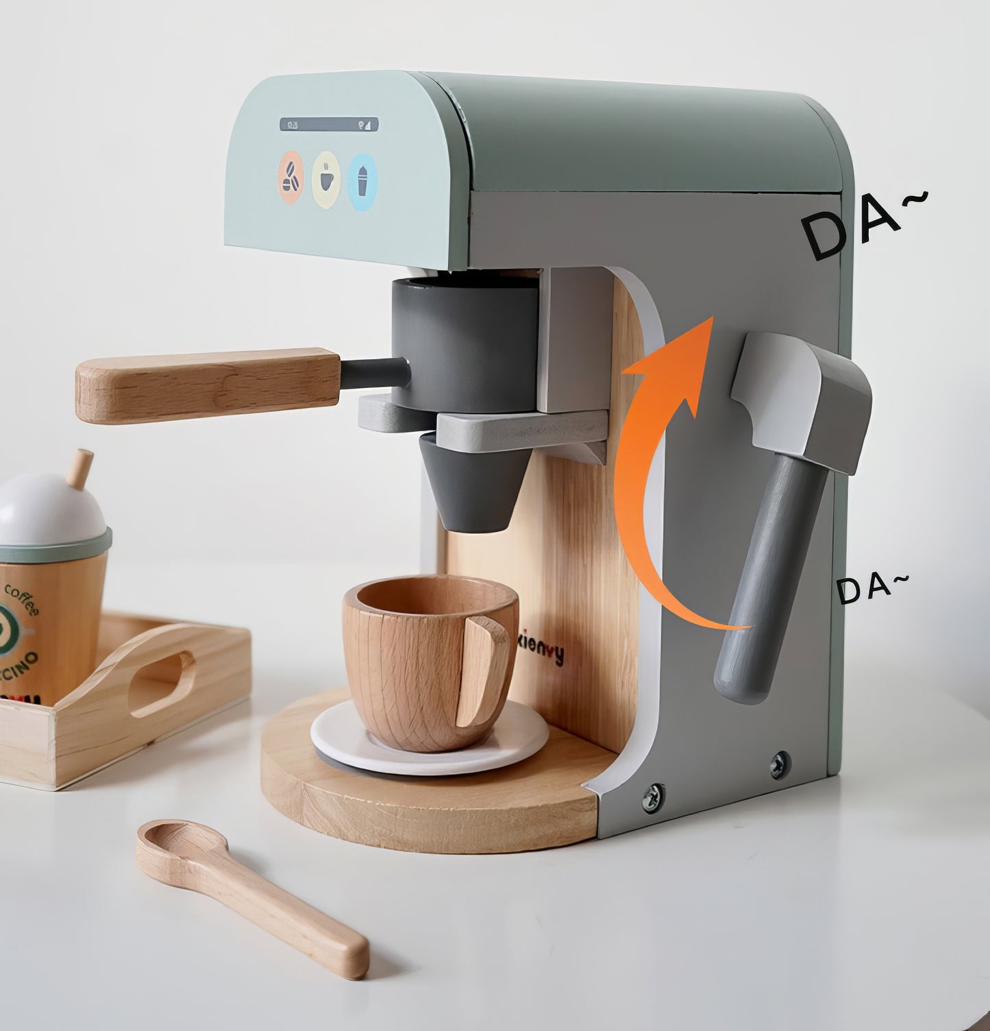Montessori Ahşap Espresso Makinesi Kienvy – Eğitici Mutfak Oyuncak Seti
