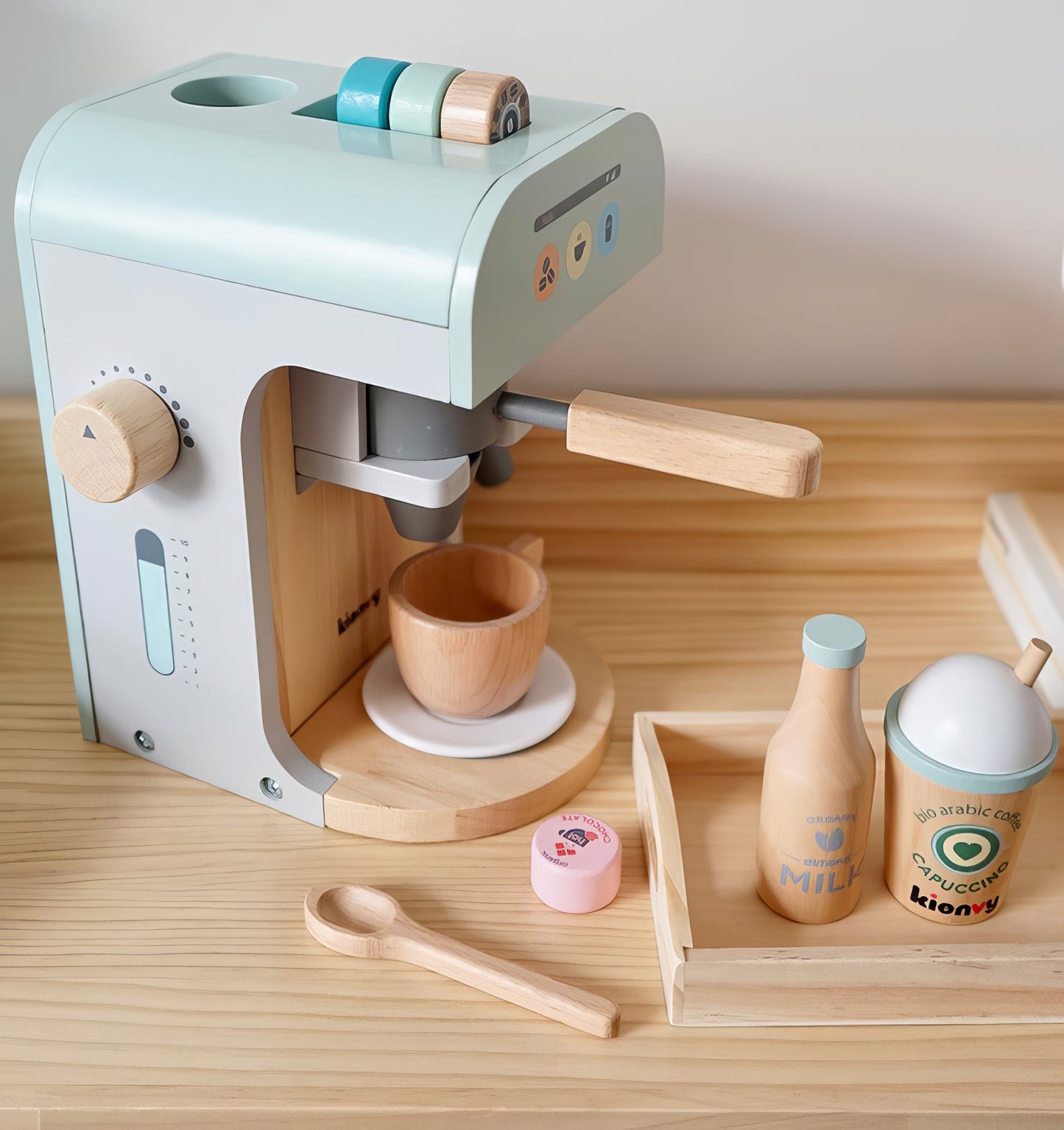 Montessori Ahşap Espresso Makinesi Kienvy – Eğitici Mutfak Oyuncak Seti