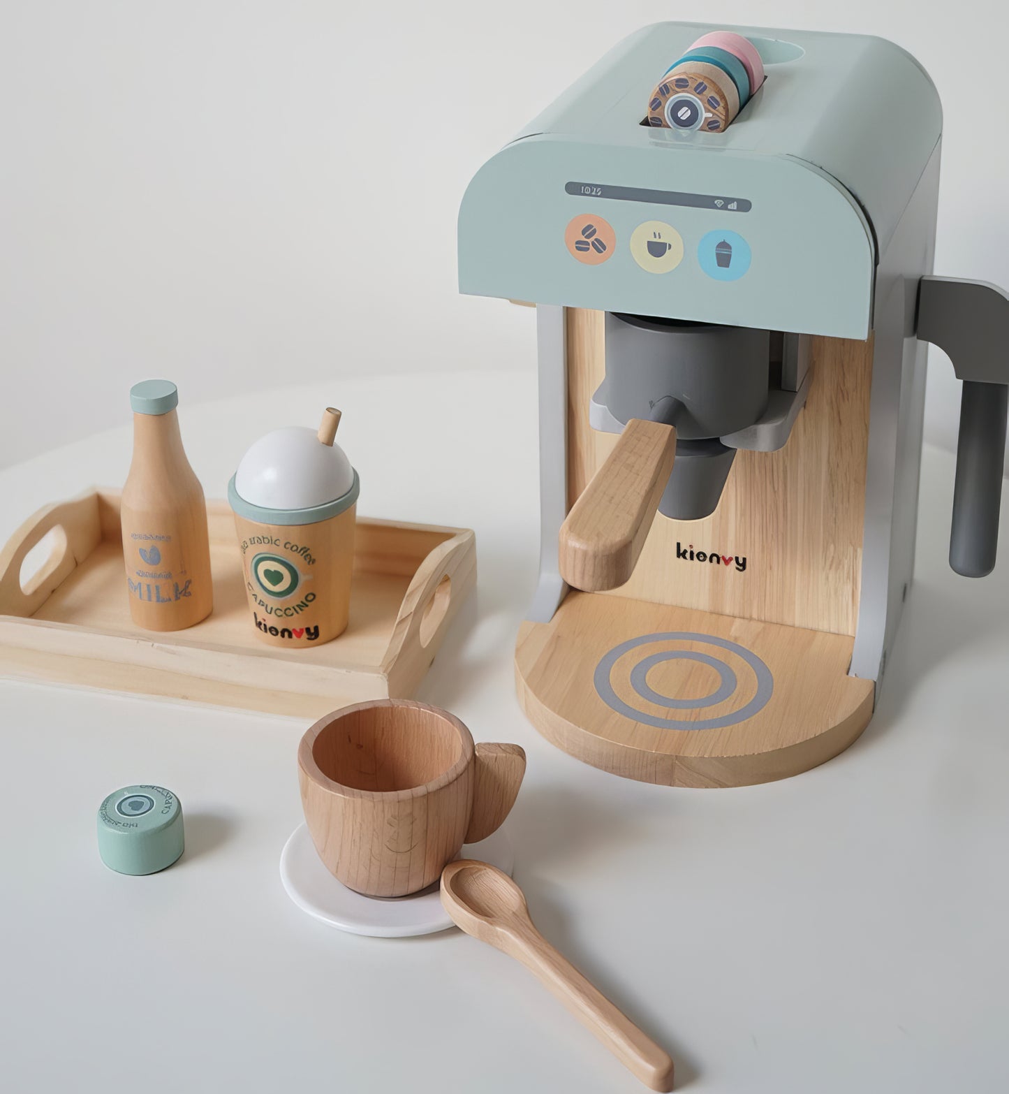 Montessori Ahşap Espresso Makinesi Kienvy – Eğitici Mutfak Oyuncak Seti