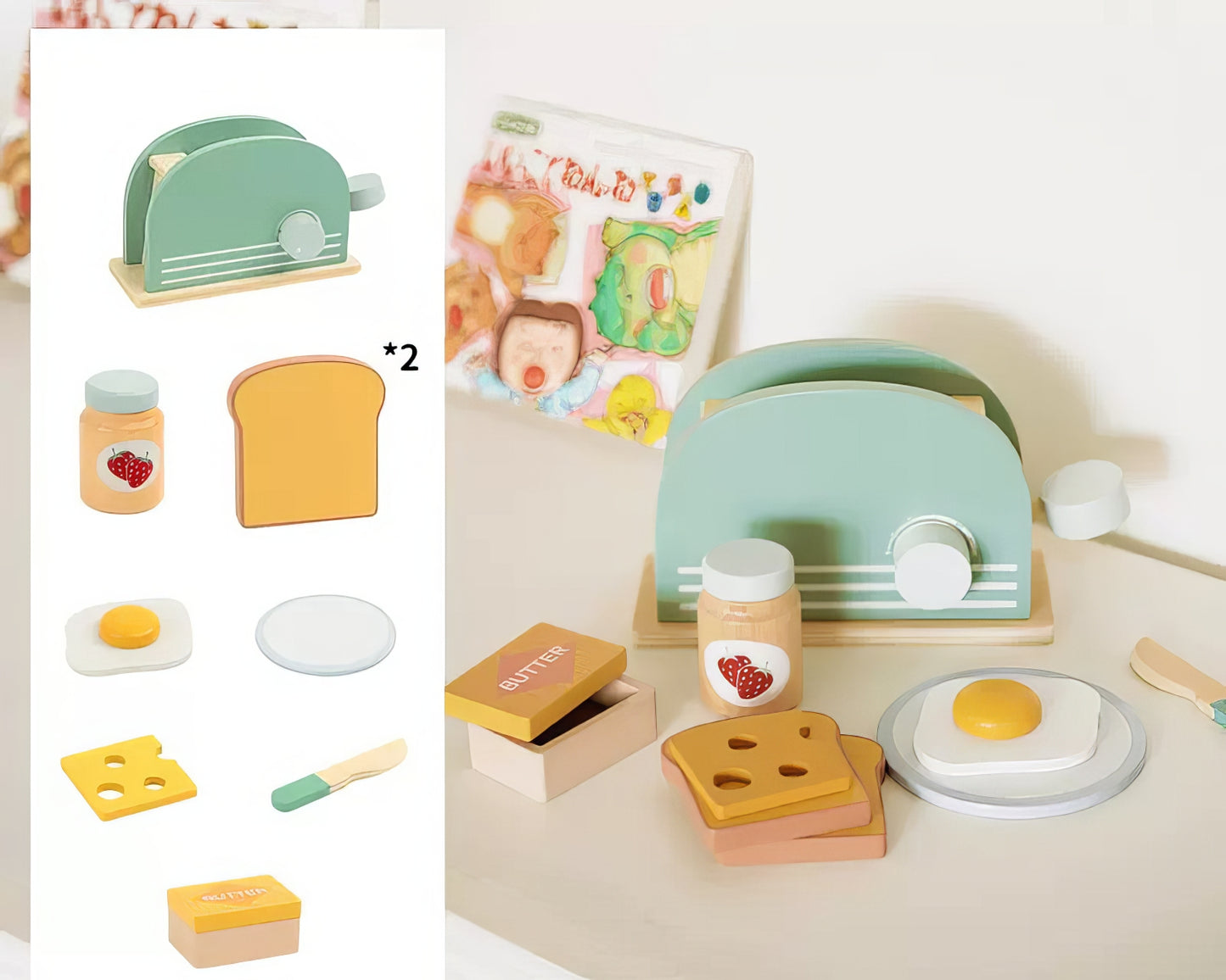 Montessori Ahşap Tost Makinesi Kahvaltı Seti – Eğitici Mutfak Oyuncağı