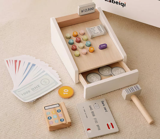 Montessori Ahşap Oyuncak Yazar Kasa Seti – Eğitici Alışveriş Oyunu