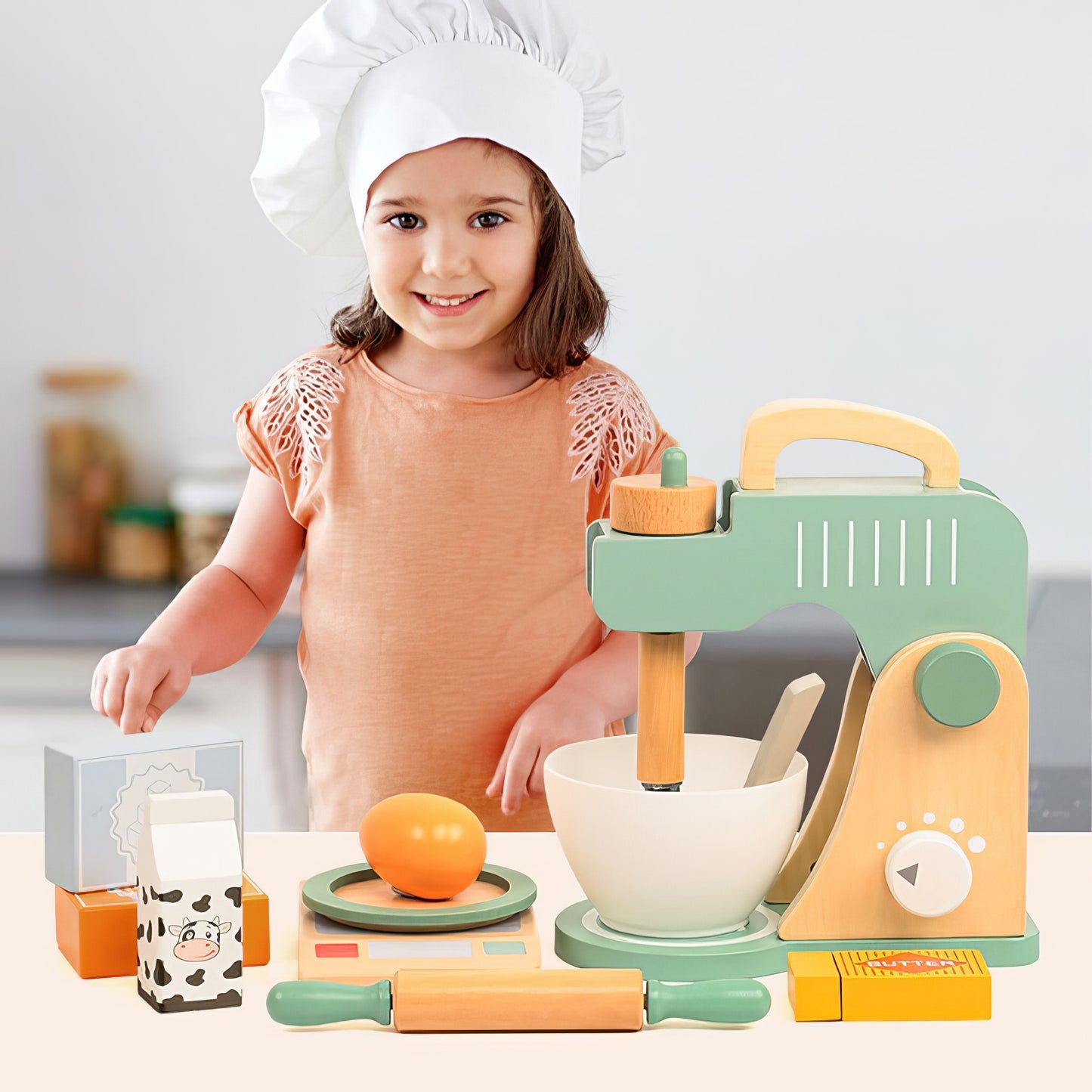 Montessori Ahşap Mikser Standı – Eğitici Mutfak Oyuncak Seti