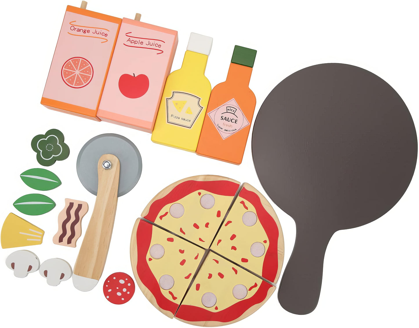 Montessori Ahşap Pizza Seti – Soslar, Meyve Suyu ve Dilimleyici Dahil