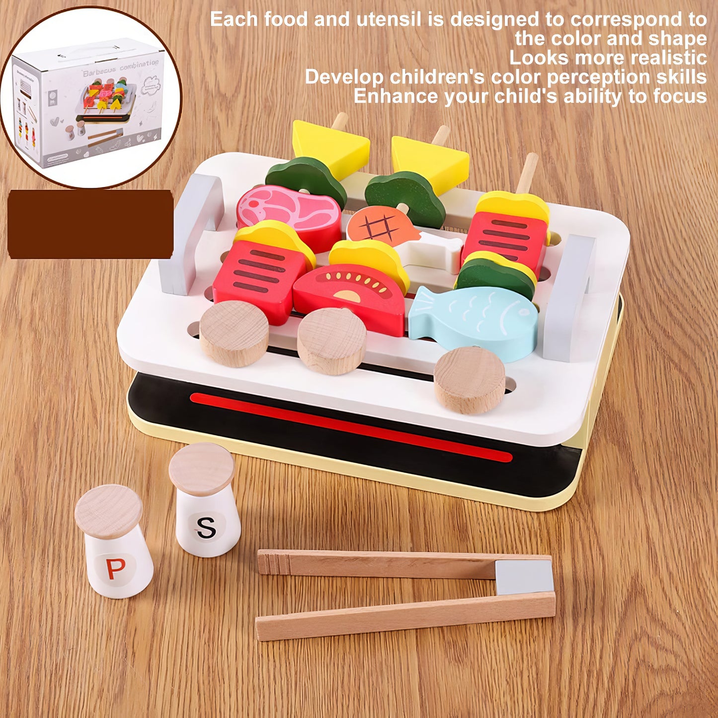 Montessori Ahşap Barbekü Seti – Eğitici Izgara Oyunu ve Şişlerle Mutfak Eğlencesi