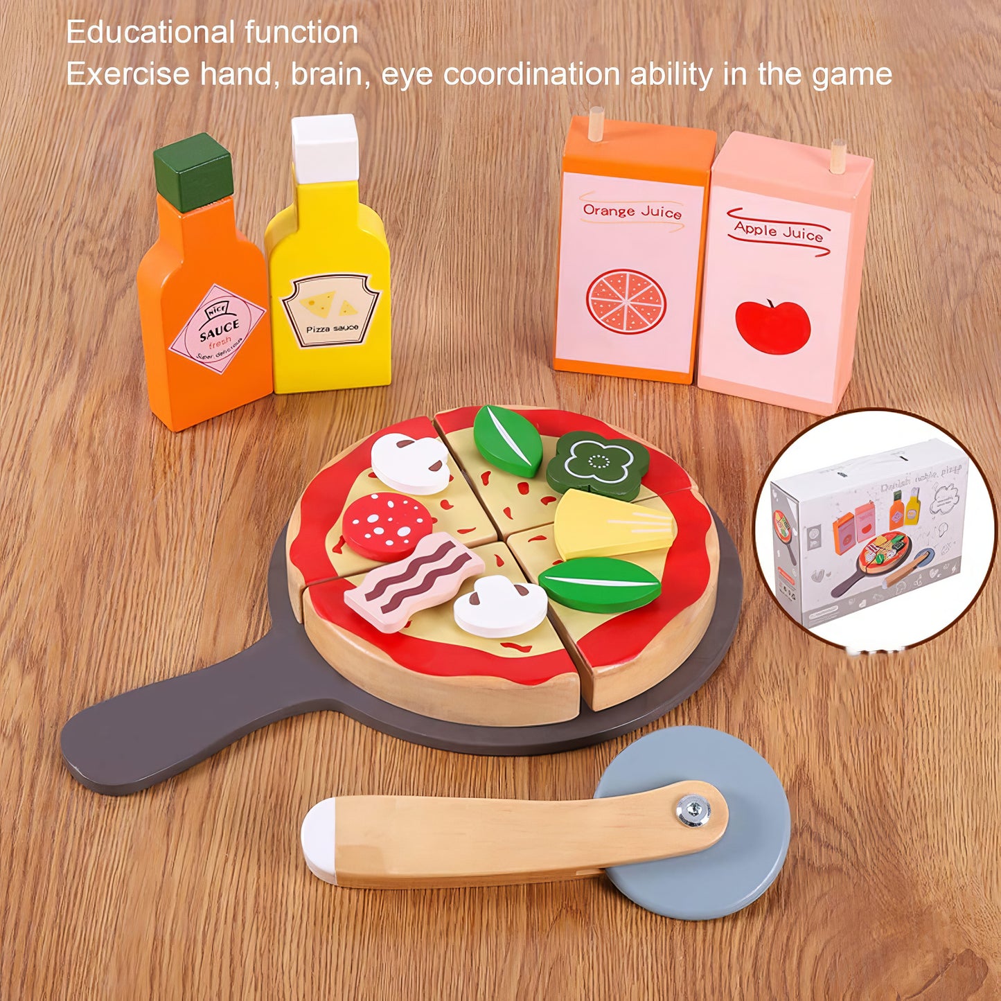 Montessori Ahşap Pizza Seti – Soslar, Meyve Suyu ve Dilimleyici Dahil