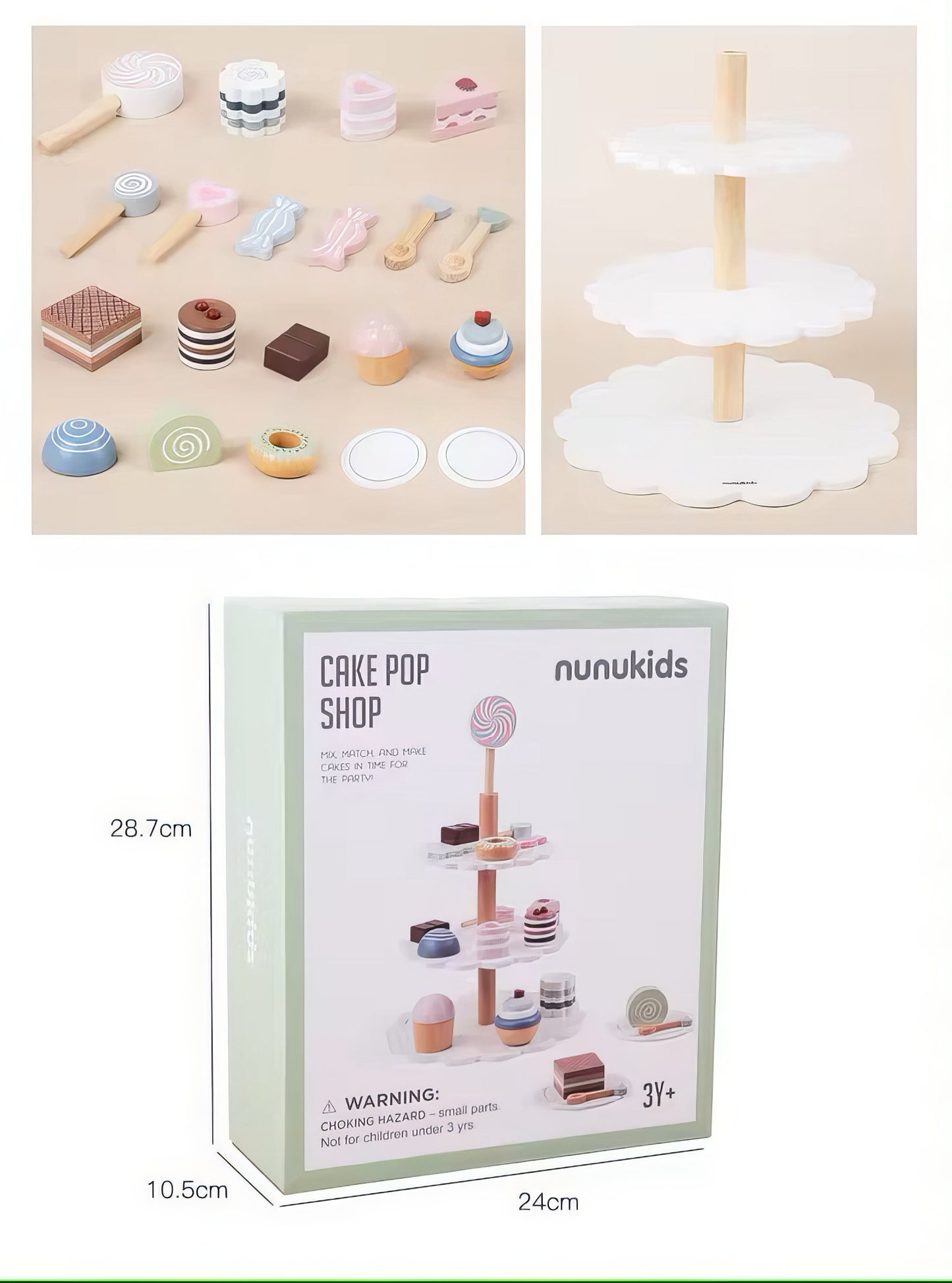 Montessori Ahşap 3 Katlı Pasta ve Tatlı Sunum Standı – Eğitici Mutfak Oyuncak Seti