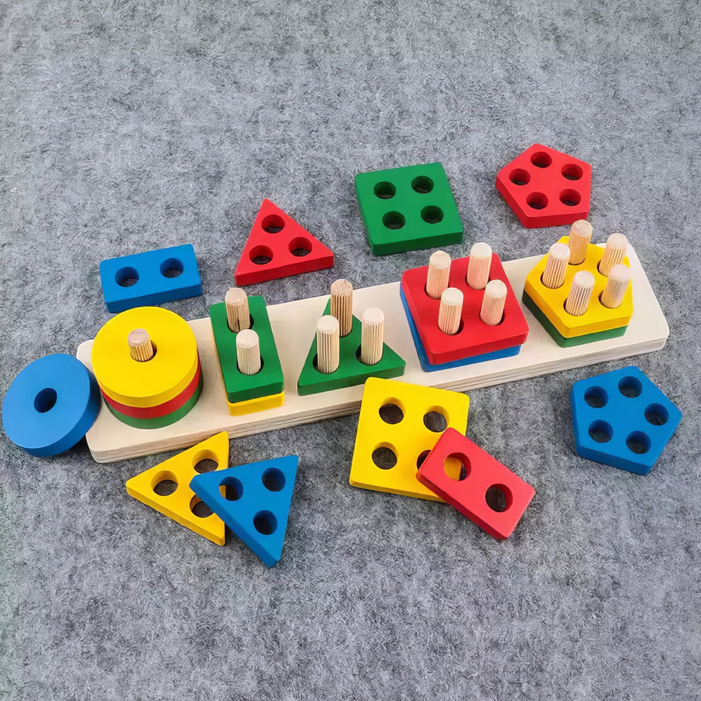 Montessori Ahşap Geometrik Şekil Eşleştirme Seti – Eğitici ve Renkli Puzzle Oyuncak (29 x 6 cm)