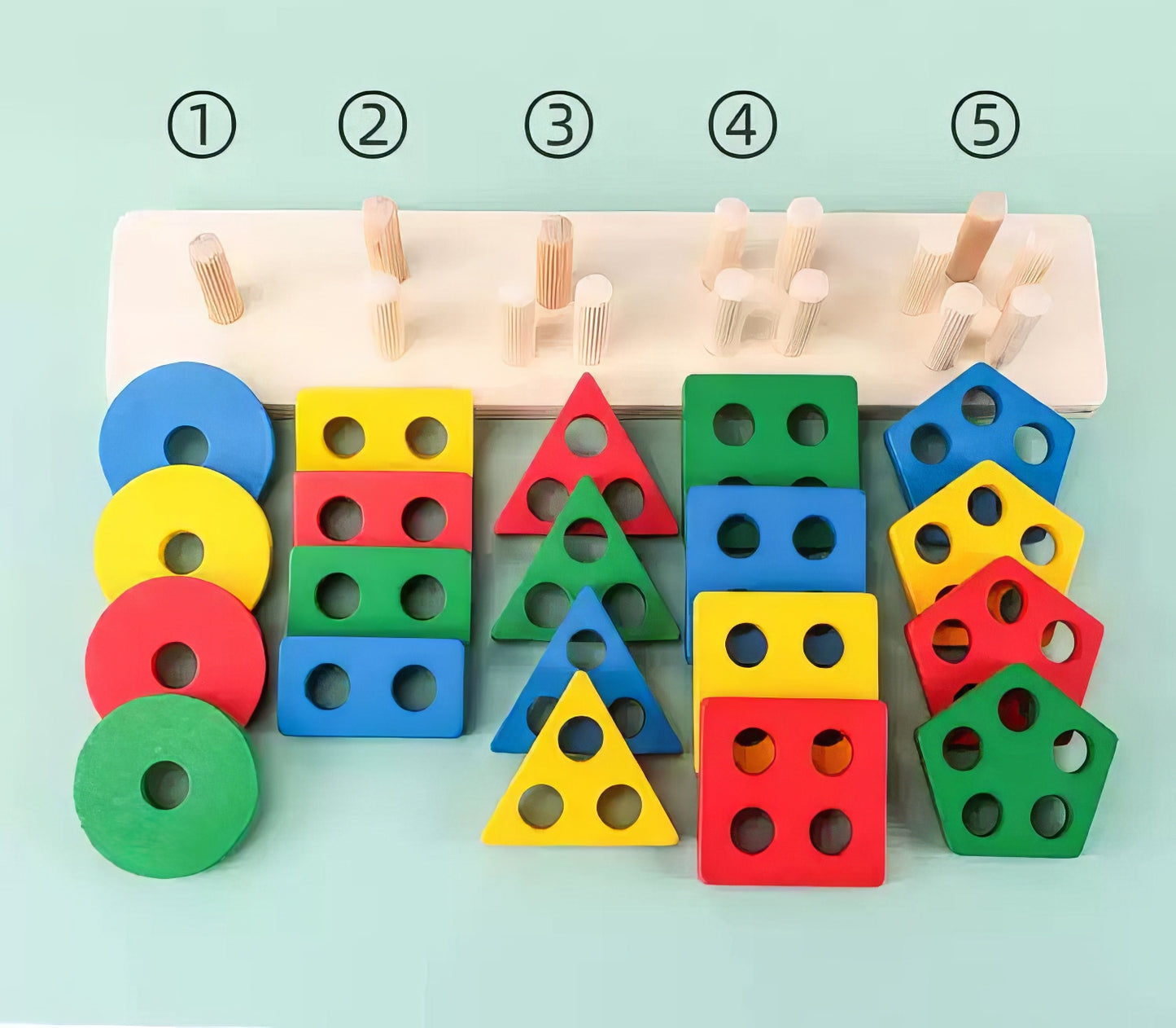 Montessori Ahşap Geometrik Şekil Eşleştirme Seti – Eğitici ve Renkli Puzzle Oyuncak (29 x 6 cm)