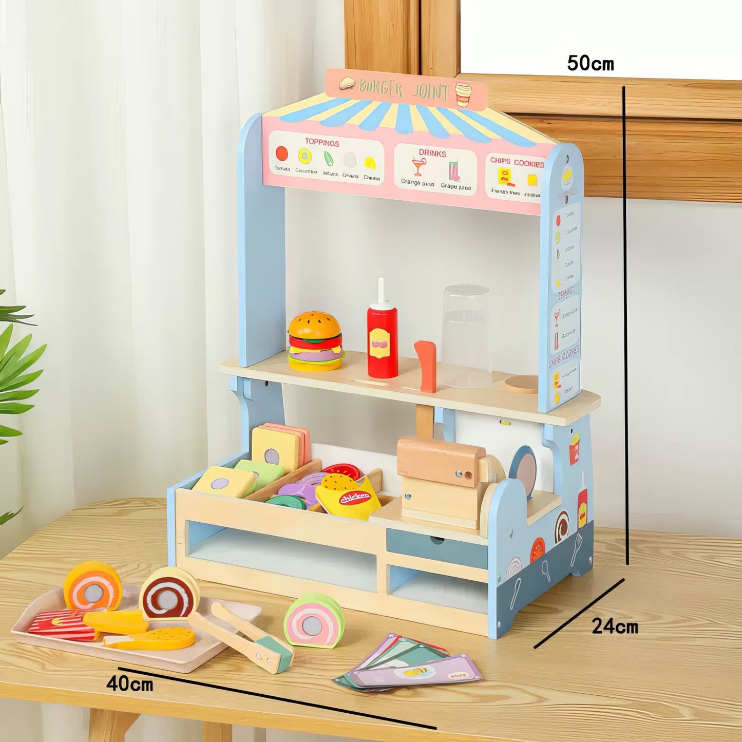 Montessori Ahşap Hamburger Dükkanı – Eğitici Fast Food Oyun Standı