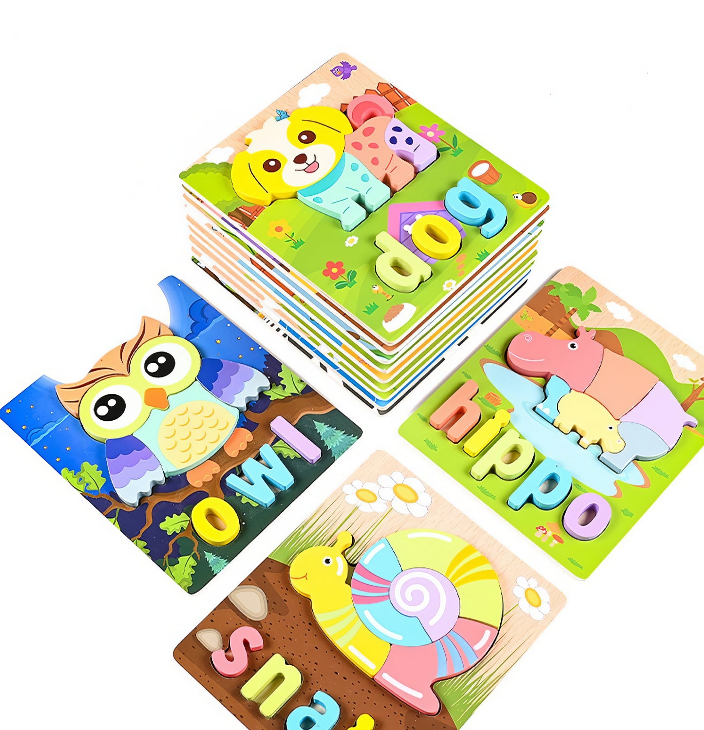 Montessori Ahşap 12 Parça İngilizce Eğitici Yapboz Seti – Hayvan ve Araç Temalı Puzzle (14.8 x 17.8 cm)