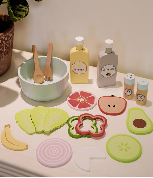 Montessori Ahşap Sebze ve Salata Oyuncak Seti – 19 Parça Eğitici Mutfak Oyunu