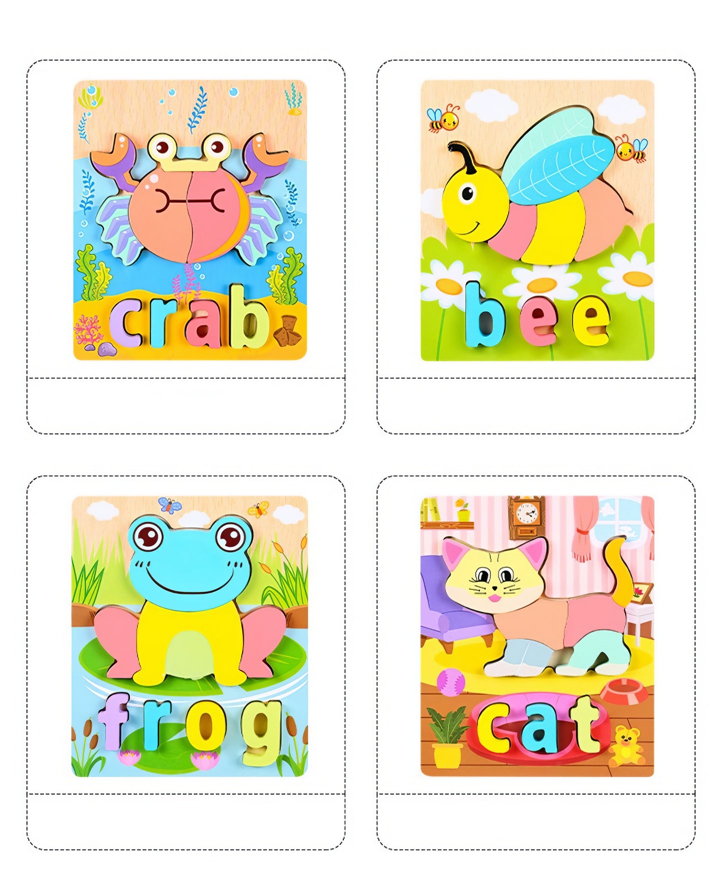 Montessori Ahşap 12 Parça İngilizce Eğitici Yapboz Seti – Hayvan ve Araç Temalı Puzzle (14.8 x 17.8 cm)