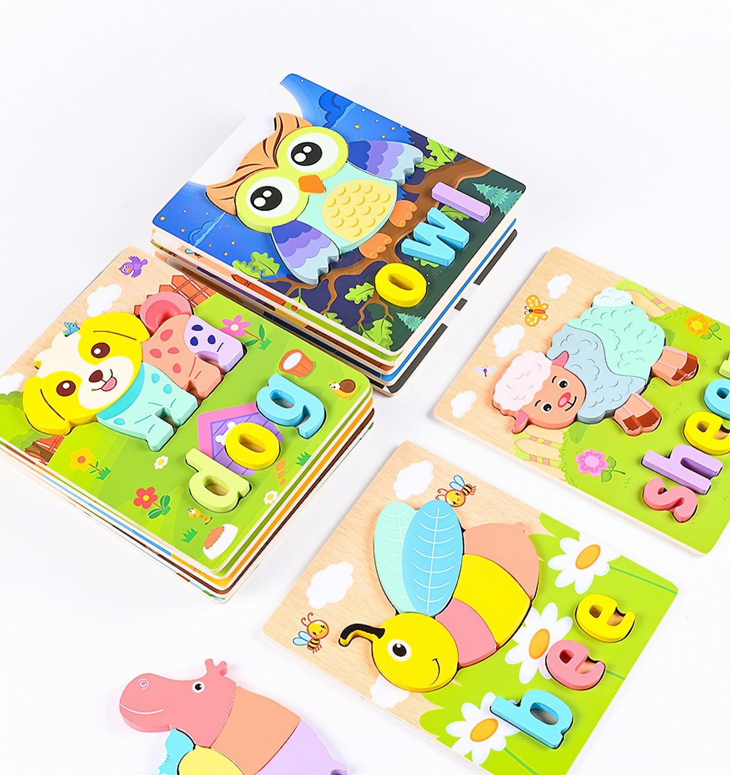 Montessori Ahşap 12 Parça İngilizce Eğitici Yapboz Seti – Hayvan ve Araç Temalı Puzzle (14.8 x 17.8 cm)