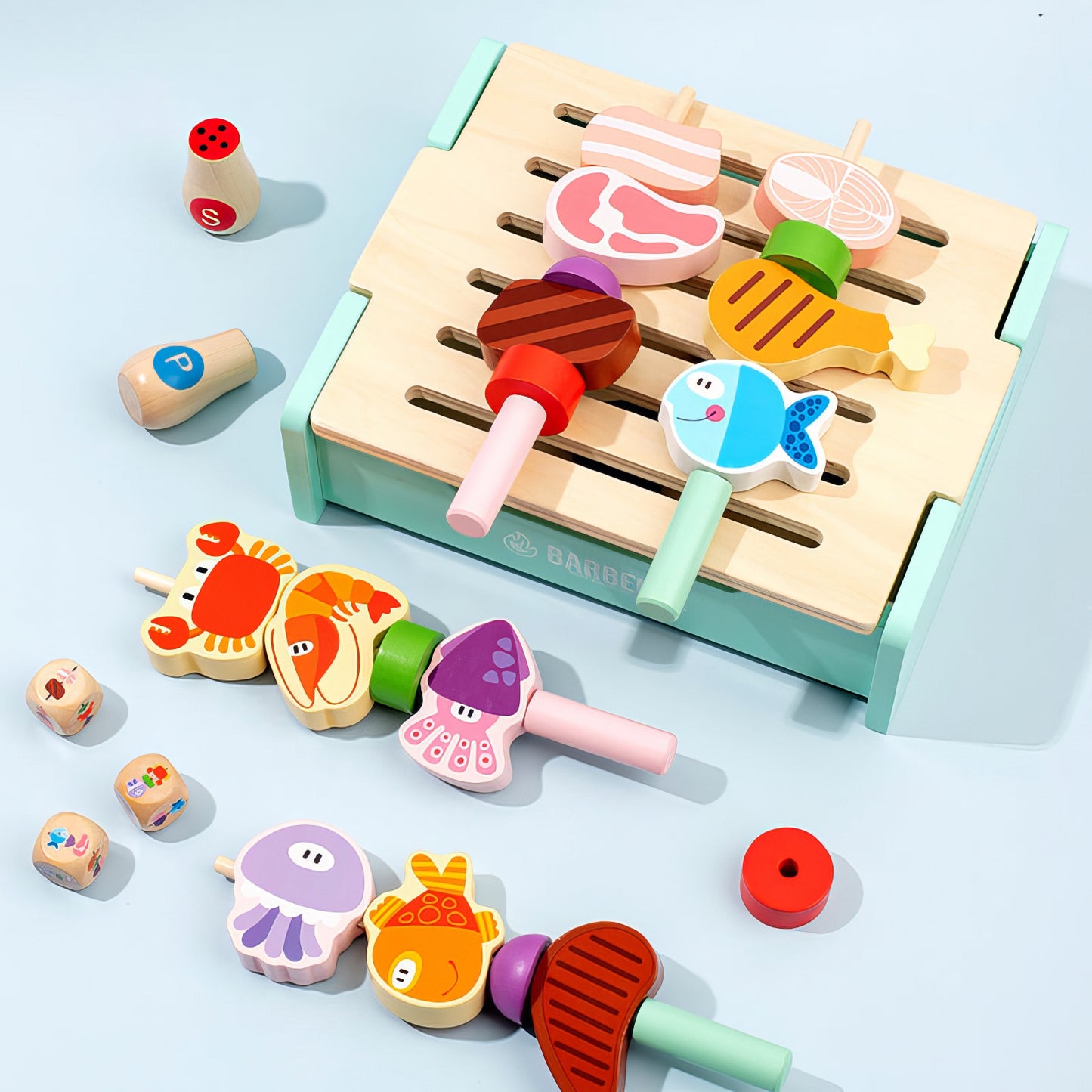 Montessori İlhamlı Barbekü Oyun Seti – Doğal Ahşap, Pembe ve Yeşil