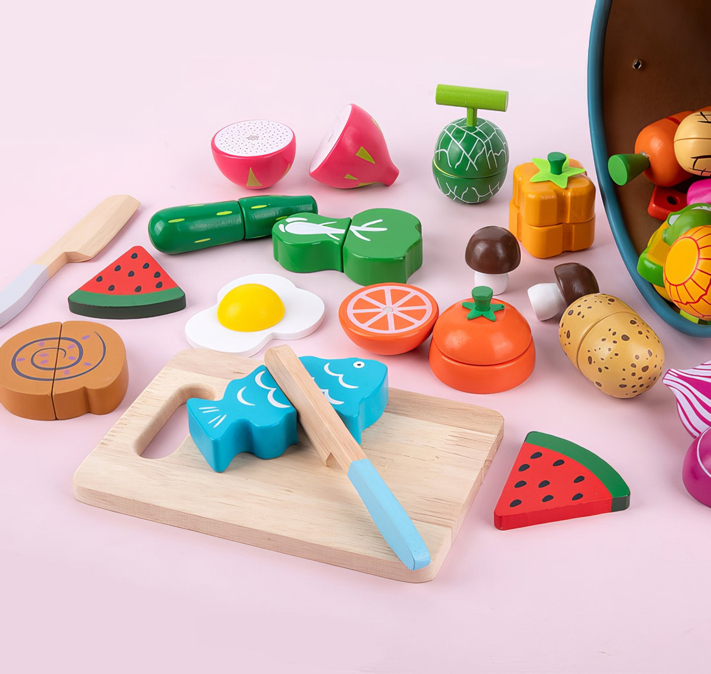 Montessori Ahşap 17 Parça Mıknatıslı Meyve Sebze Seti – Kasa İçinde Eğitici Oyun
