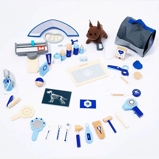 Montessori Ahşap Veteriner Oyuncak Seti – 37 Parça Mavi Taşıma Çantalı