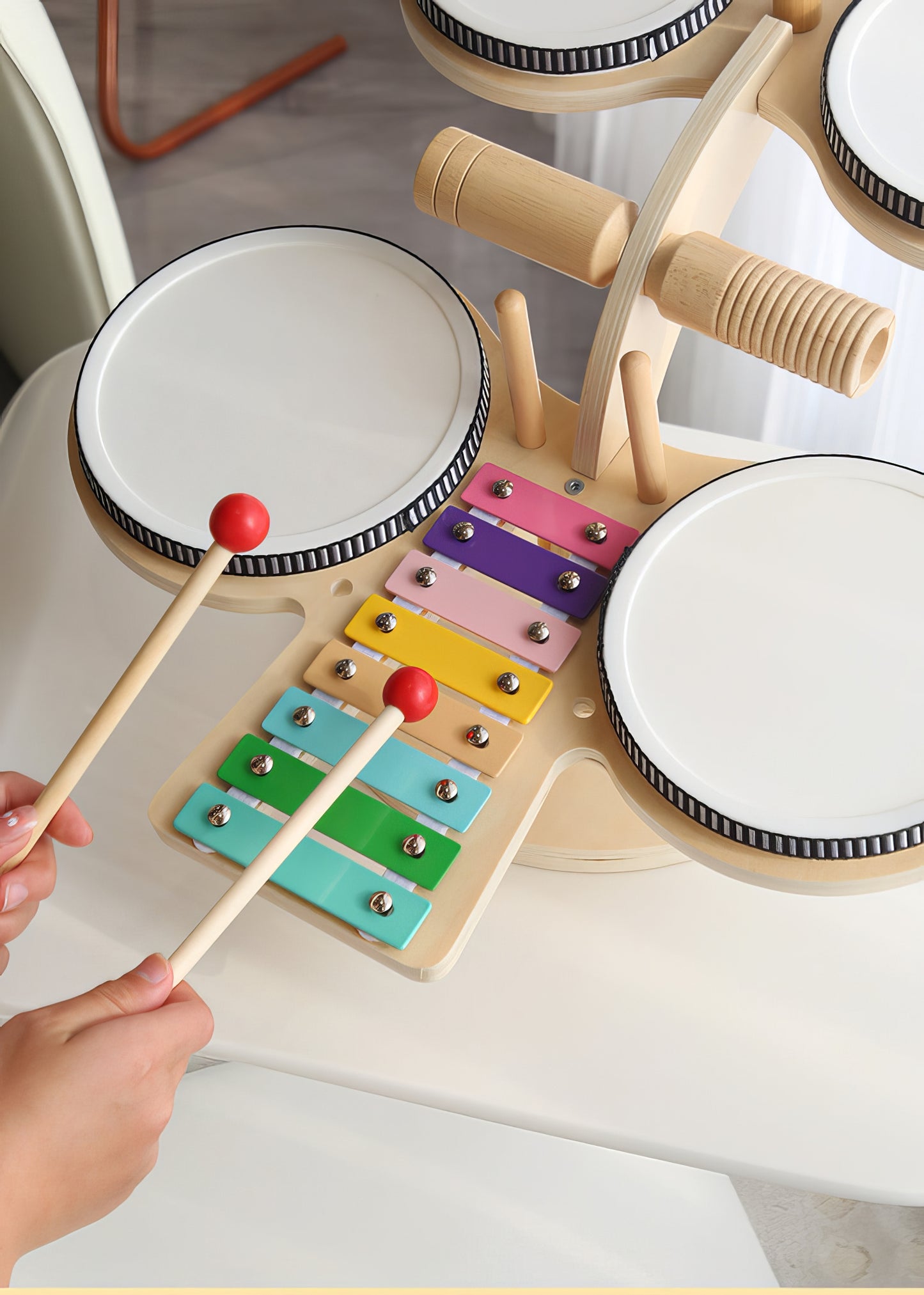 Montessori Ahşap Müzik ve Davul Seti – Eğitici Çok Fonksiyonlu Oyuncak