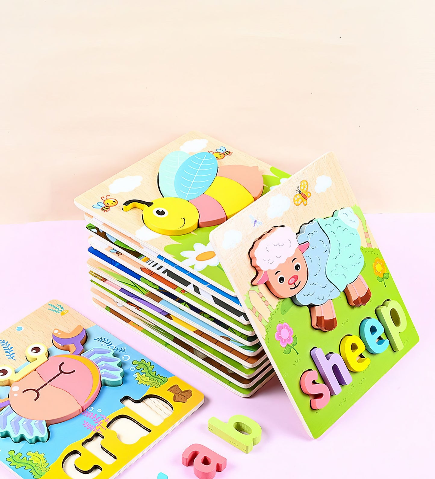 Montessori Ahşap 12 Parça İngilizce Eğitici Yapboz Seti – Hayvan ve Araç Temalı Puzzle (14.8 x 17.8 cm)