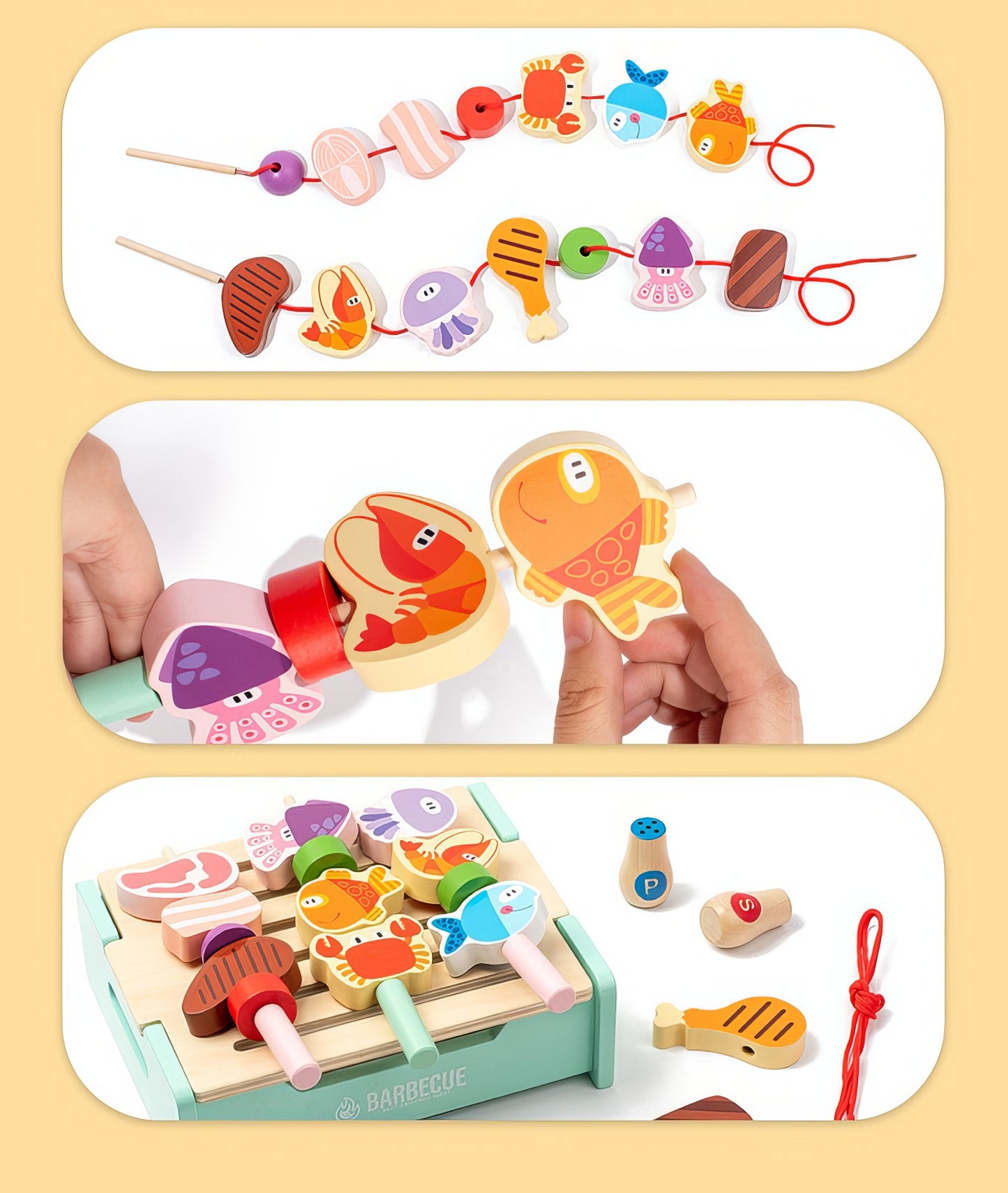 Montessori İlhamlı Barbekü Oyun Seti – Doğal Ahşap, Pembe ve Yeşil