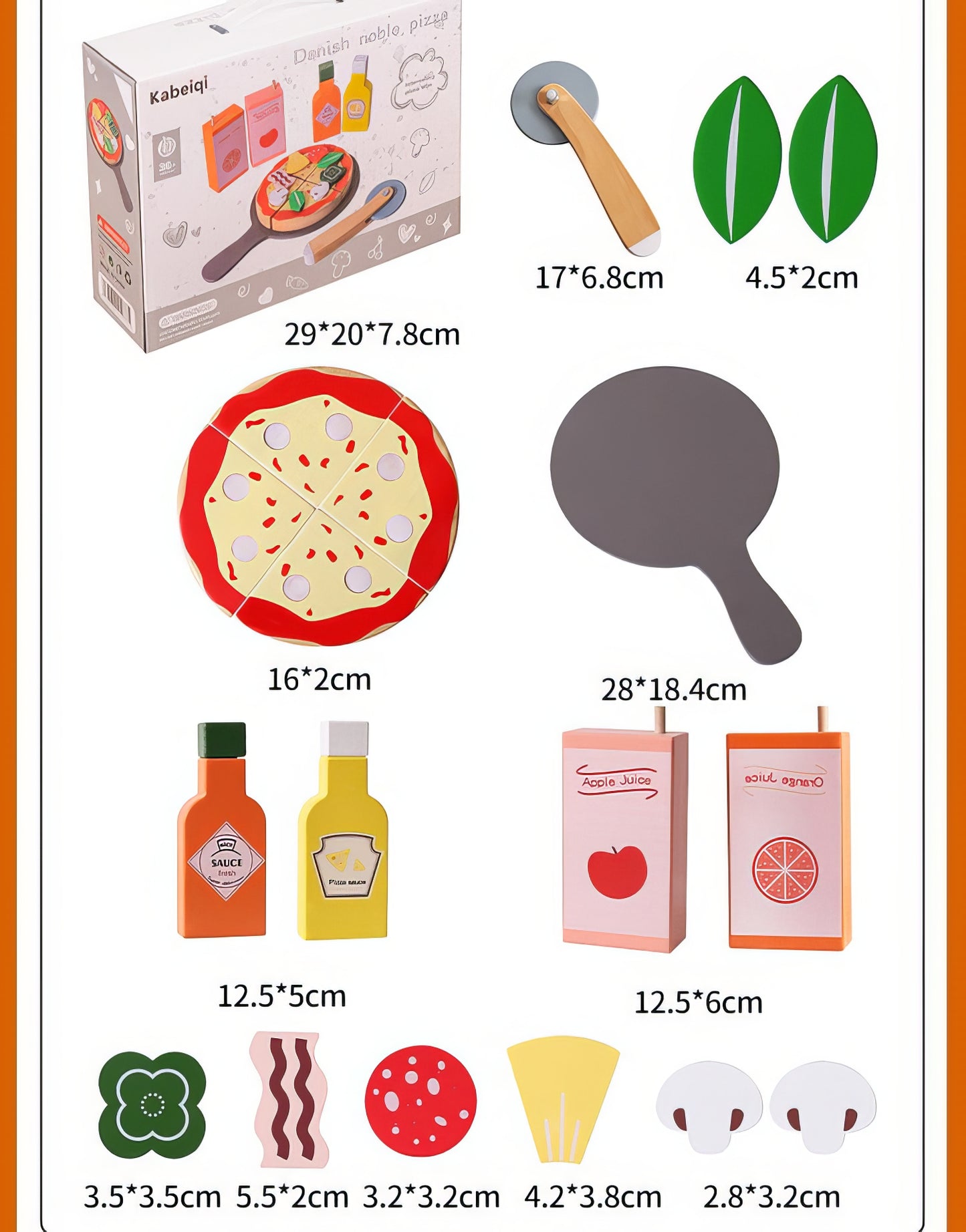 Montessori Ahşap Pizza Seti – Soslar, Meyve Suyu ve Dilimleyici Dahil
