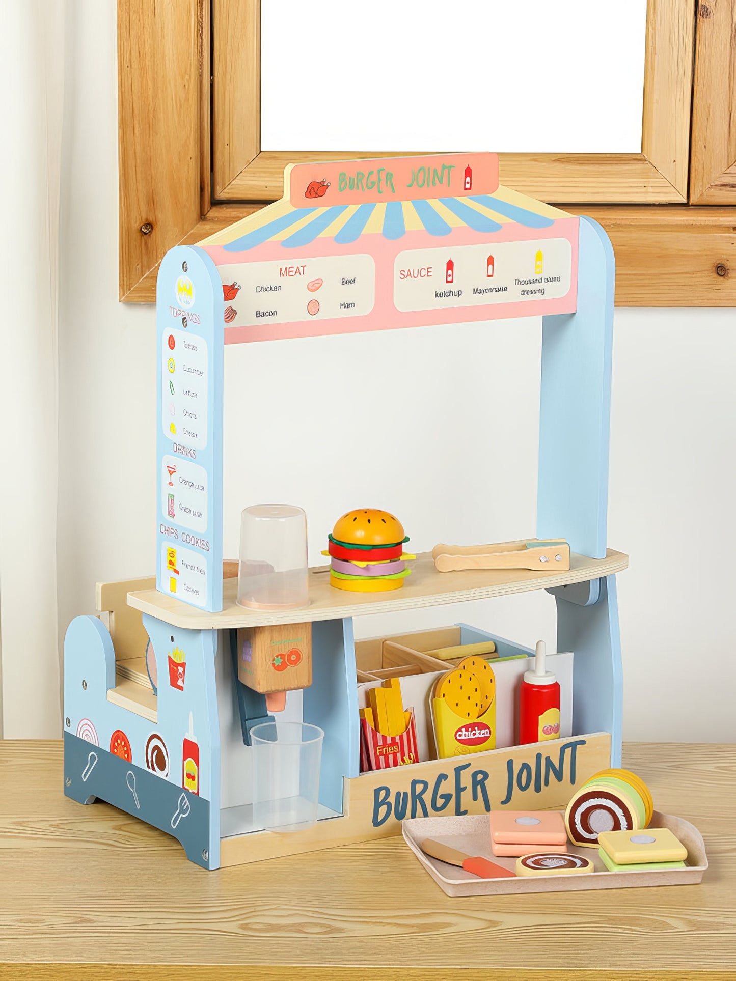 Montessori Ahşap Hamburger Dükkanı – Eğitici Fast Food Oyun Standı