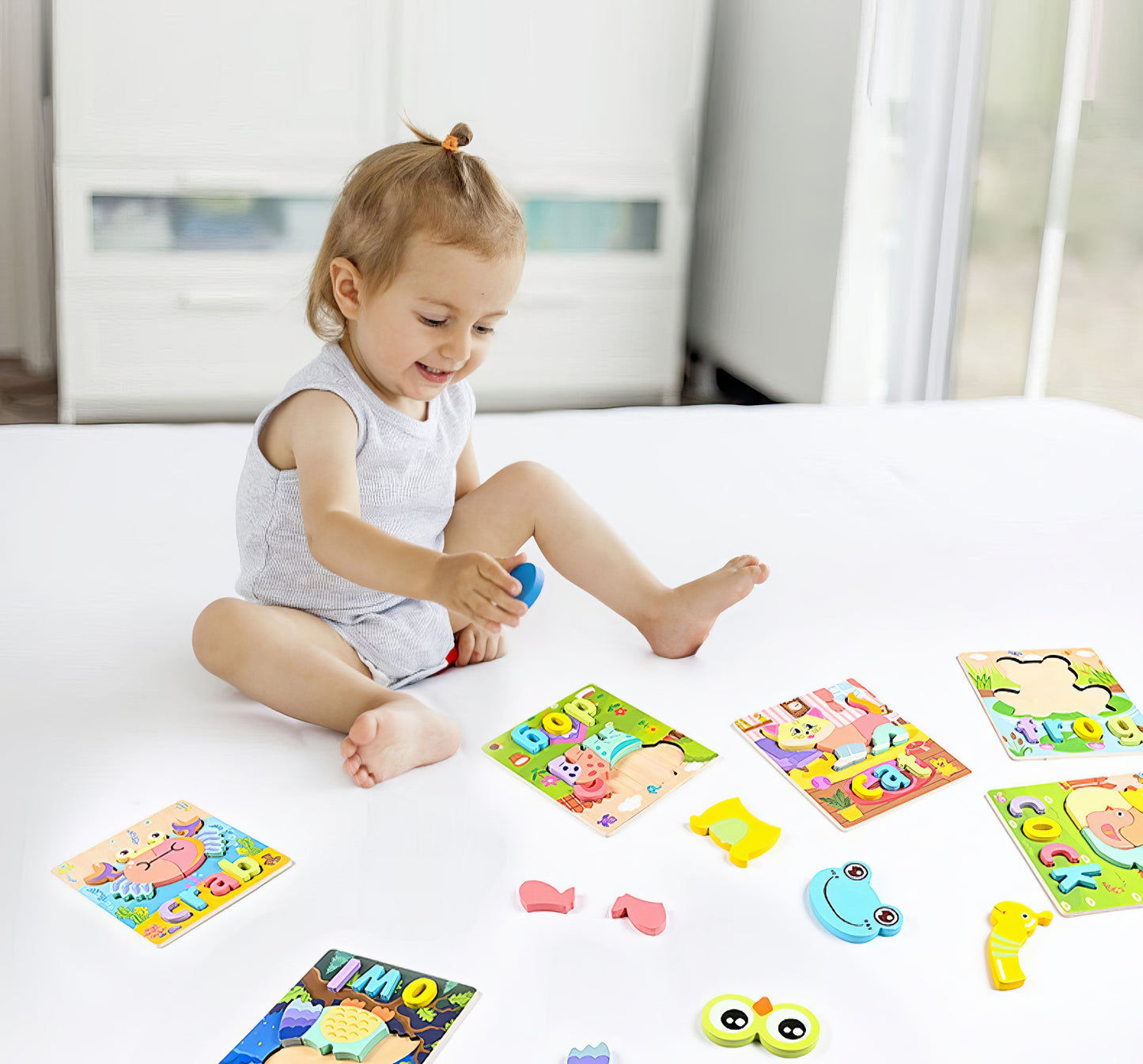 Montessori Ahşap 12 Parça İngilizce Eğitici Yapboz Seti – Hayvan ve Araç Temalı Puzzle (14.8 x 17.8 cm)