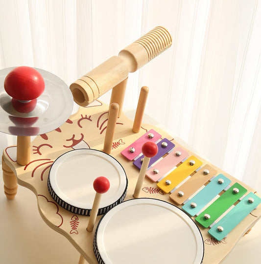 Montessori Ahşap Kedili Müzik & Davul Seti – Ritimle Öğren, Eğlenerek Geliş!