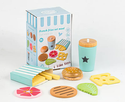 Montessori Ahşap Hamburger ve Patates Seti – 16 Parça Eğitici Mutfak Oyuncağı