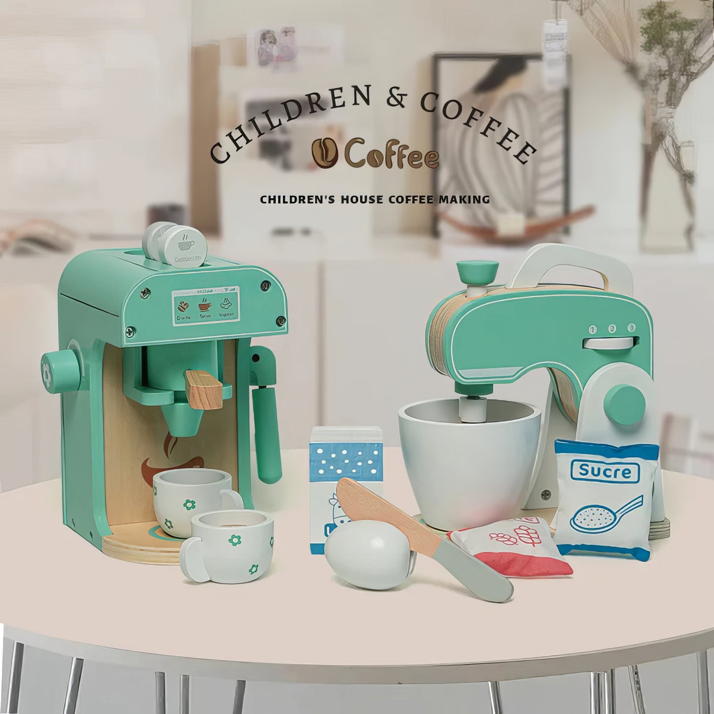 Montessori Ahşap Blender & Kahve Makinesi Seti – Minik Şefler İçin İkili Mutfak Eğlencesi