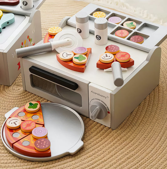 Montessori Ahşap Pizza Fırını Seti – Eğitici Fırın & Mutfak Oyunu