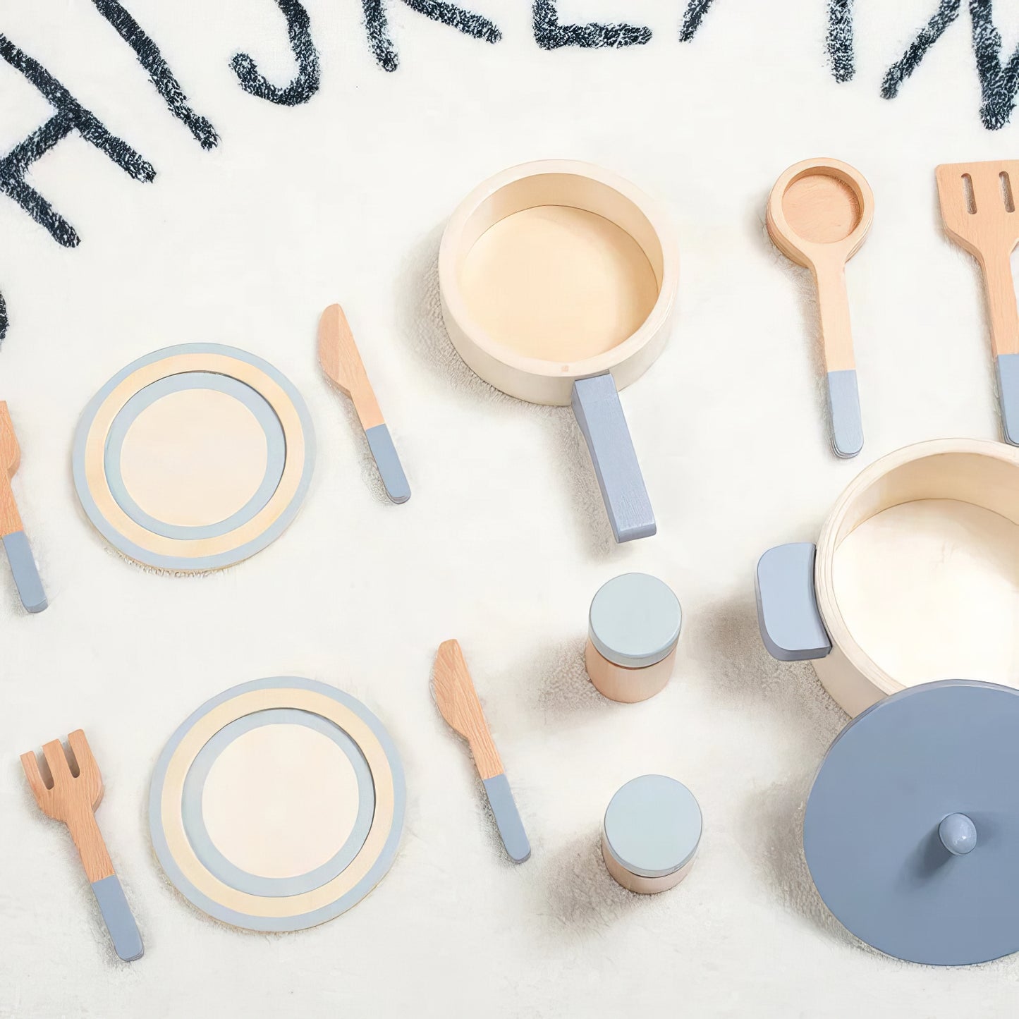 Montessori Ahşap Mavi Yemek Pişirme Seti – Eğitici Mutfak Oyuncağı