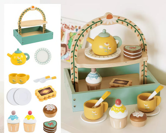 Montessori Standlı Ahşap İkindi Çayı Oyuncak Seti – Eğitici Tatlı ve Çay Servisi