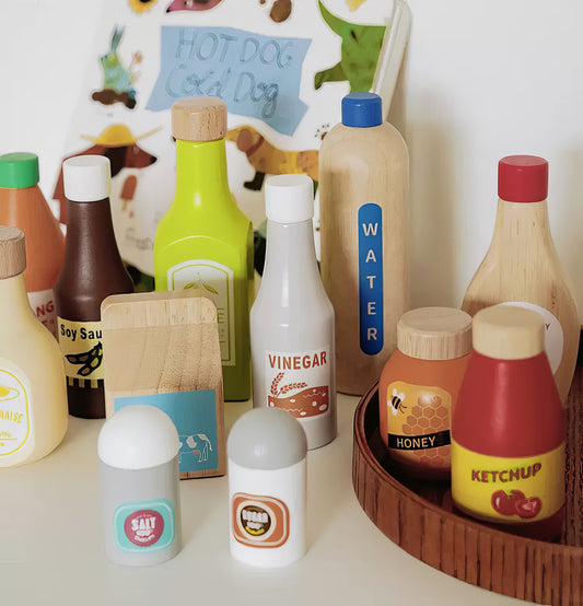 Montessori Ahşap 12 Parça Şişe ve Kutu Seti – Gerçekçi Mutfak Oyunu