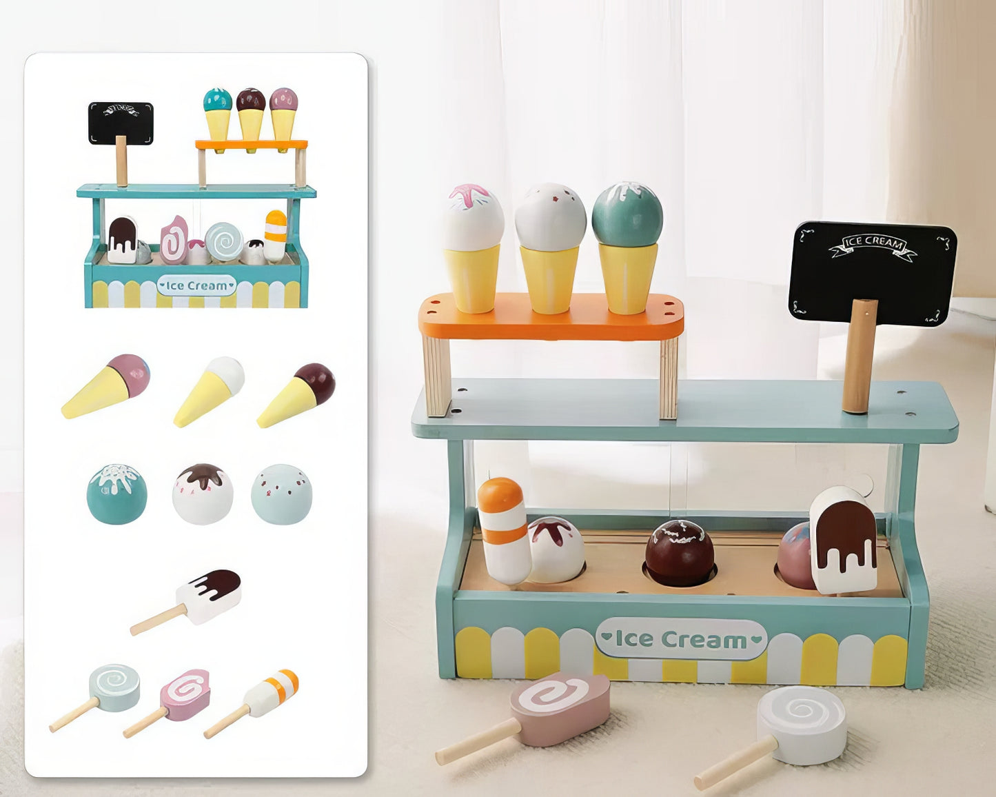 Montessori Ahşap Dondurma Dükkanı Standı | Eğitici Rol Oyun Seti