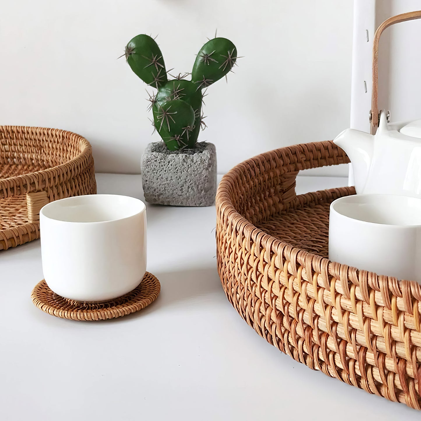 Rattan Düz Yuvarlak Tepsi Organizer & Geniş Dekoratif Düzenleyici