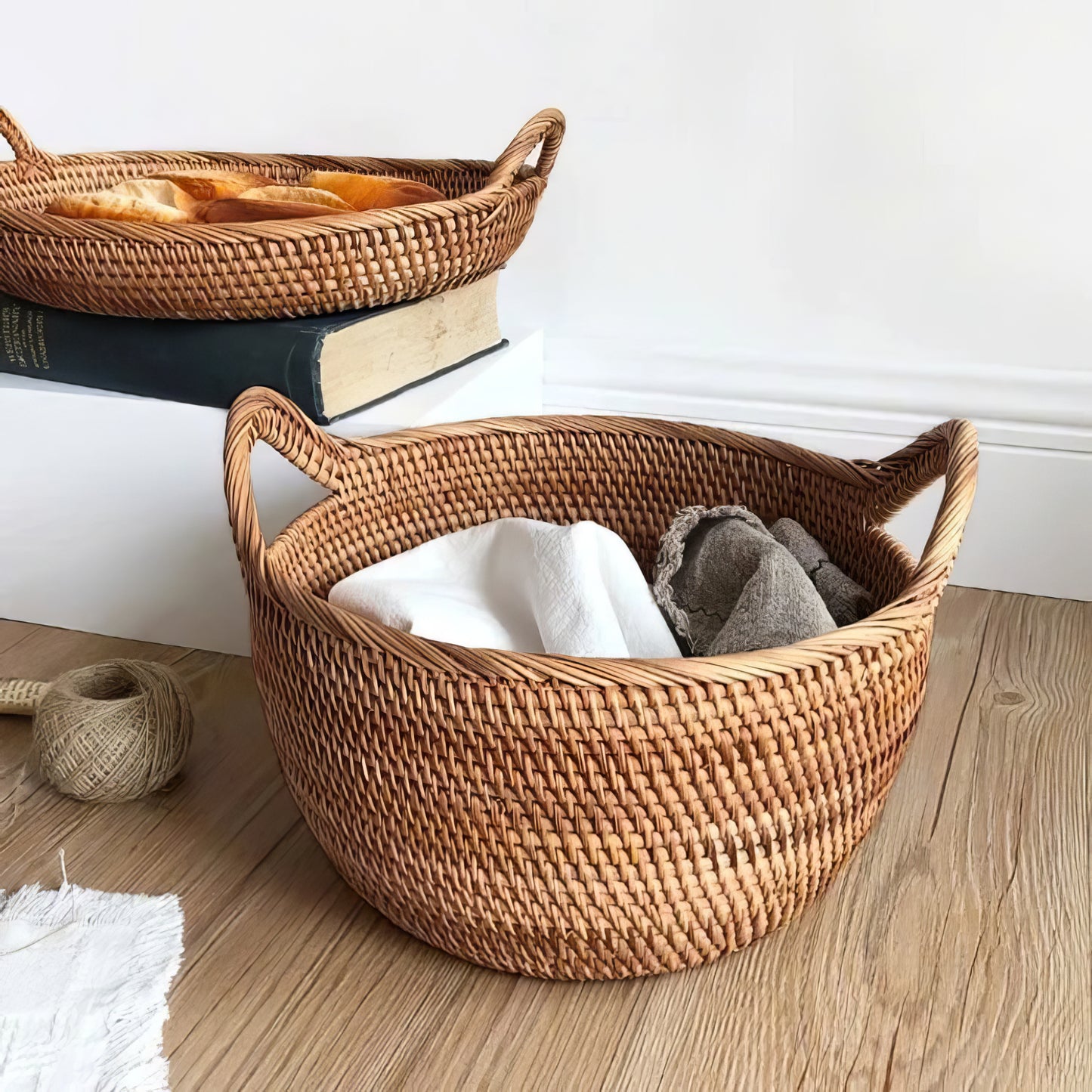 Rattan Büyük Boy Kulplu Sepet & Çok Amaçlı Düzenleyici Organizer