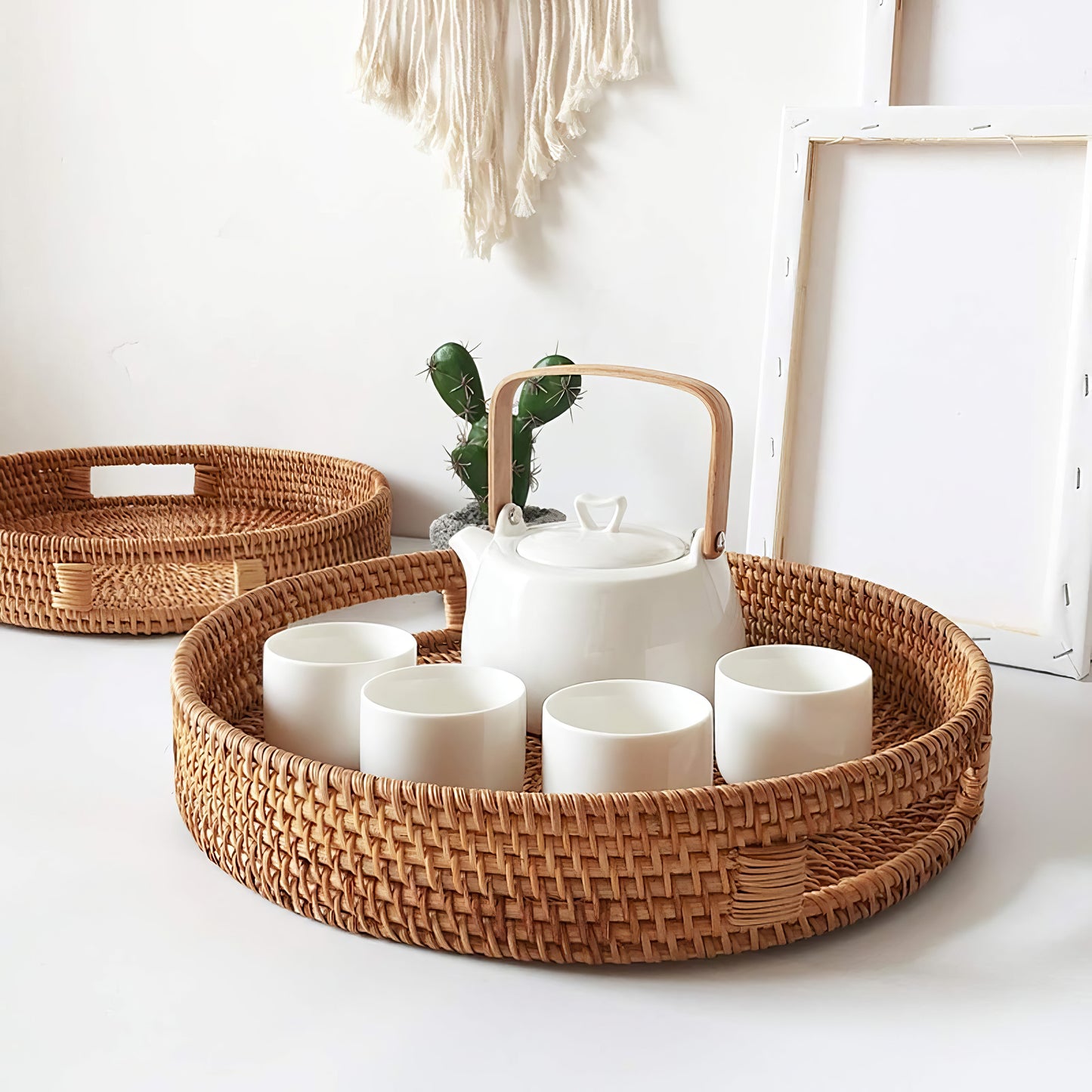 Rattan Düz Yuvarlak Tepsi Organizer & Geniş Dekoratif Düzenleyici