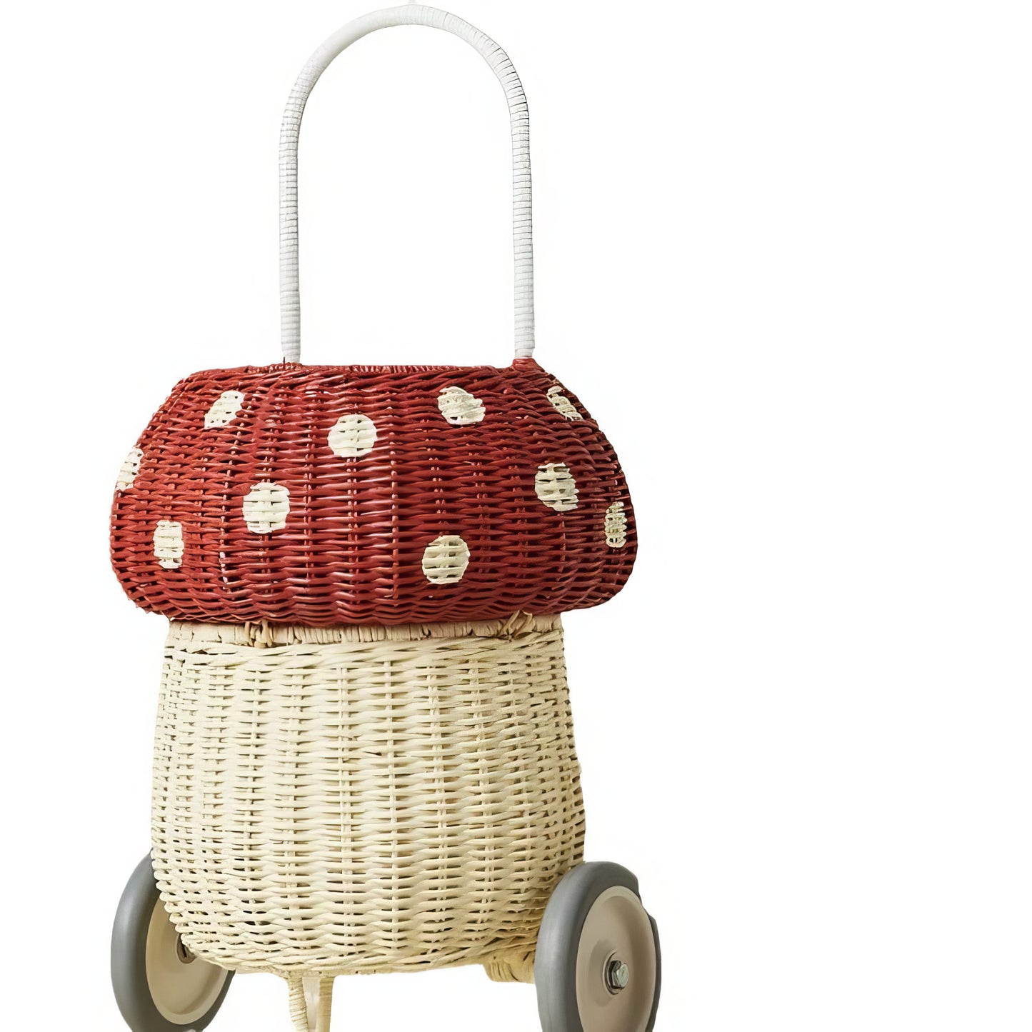 Rattan & Bambu Kırmızı Mantar Figürlü Pazar Arabası & Çocuk Odası Dekoratif Organizer