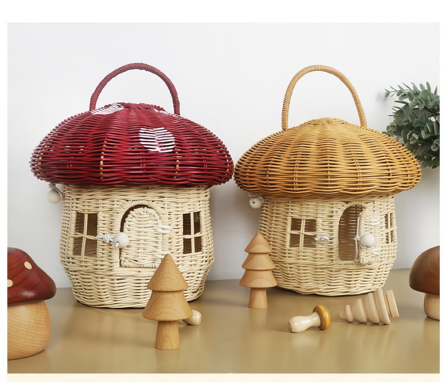 Rattan & Bambu Kırmızı Kapaklı Mantar Çocuk Evi & Dekoratif Çocuk Odası Düzenleyici Organizer