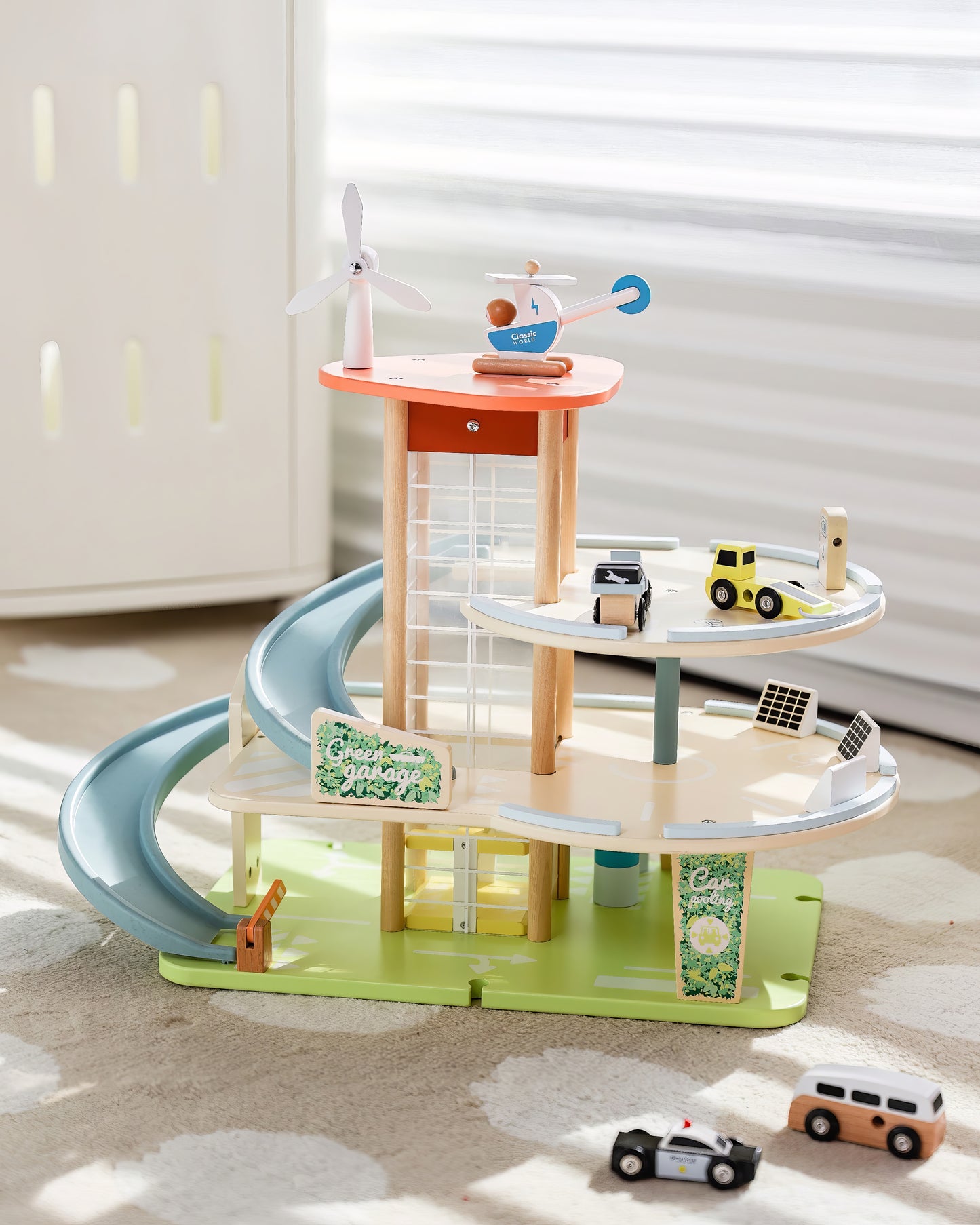 Eğitici Ahşap Katlı Otopark ve Garaj Seti - Helikopter Pistli & Arabalı (9 Parça)