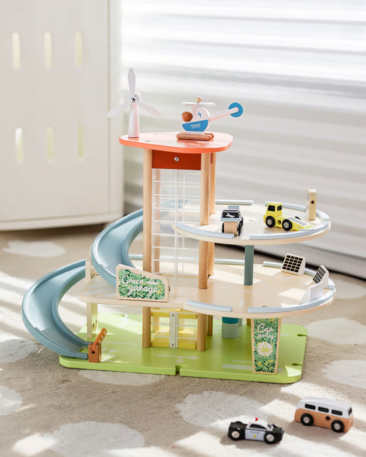 Eğitici Ahşap Katlı Otopark ve Garaj Seti - Helikopter Pistli & Arabalı (9 Parça)