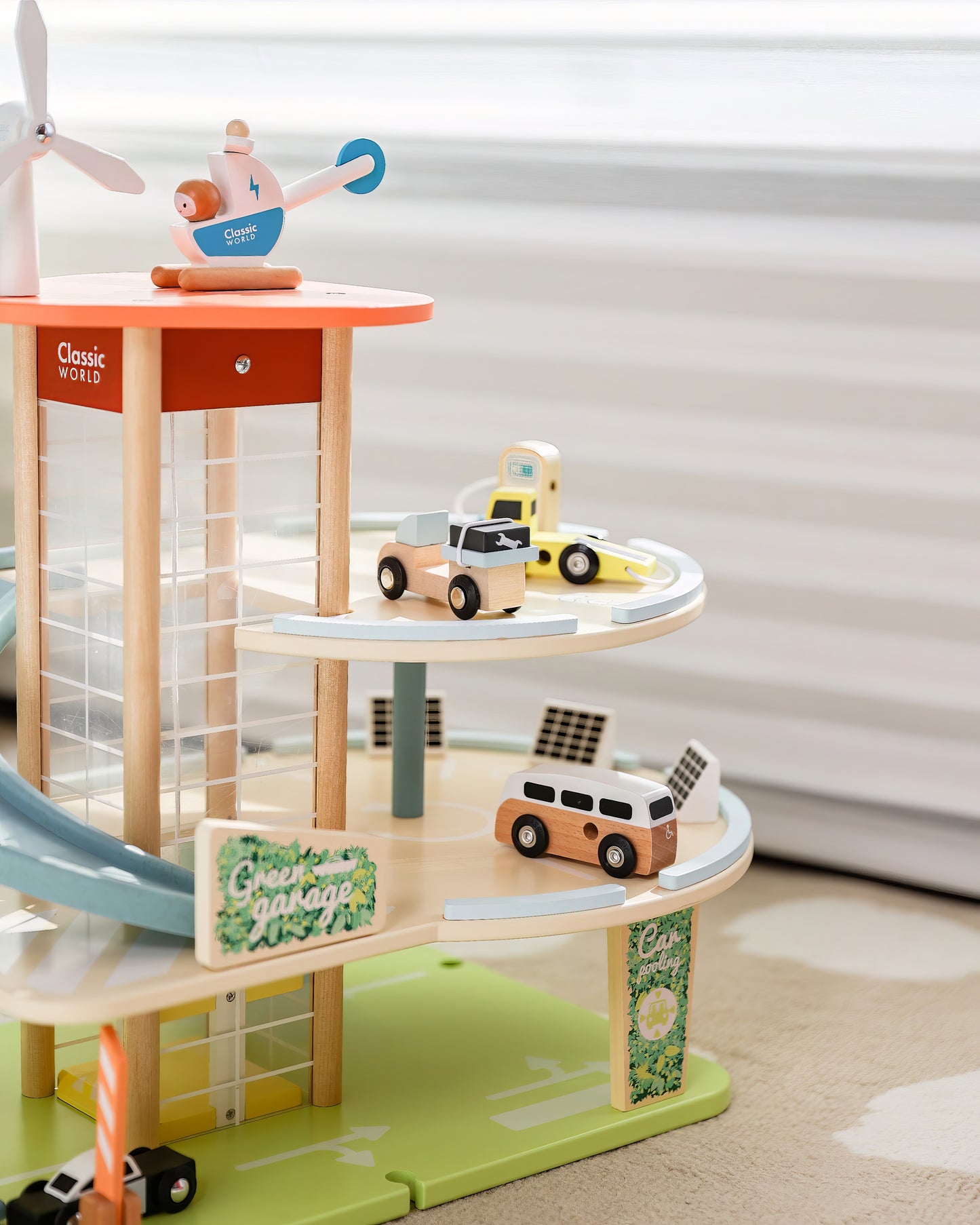 Eğitici Ahşap Katlı Otopark ve Garaj Seti - Helikopter Pistli & Arabalı (9 Parça)