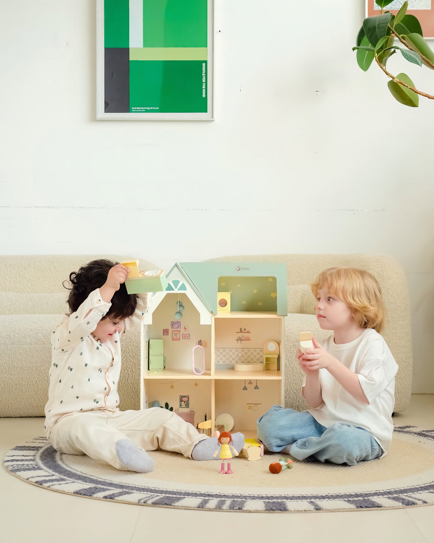 Ahşap Bebek Evi ve Mobilya Seti - Figürlü & 2 Katlı (31 Parça)