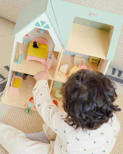 Ahşap Bebek Evi ve Mobilya Seti - Figürlü & 2 Katlı (31 Parça)