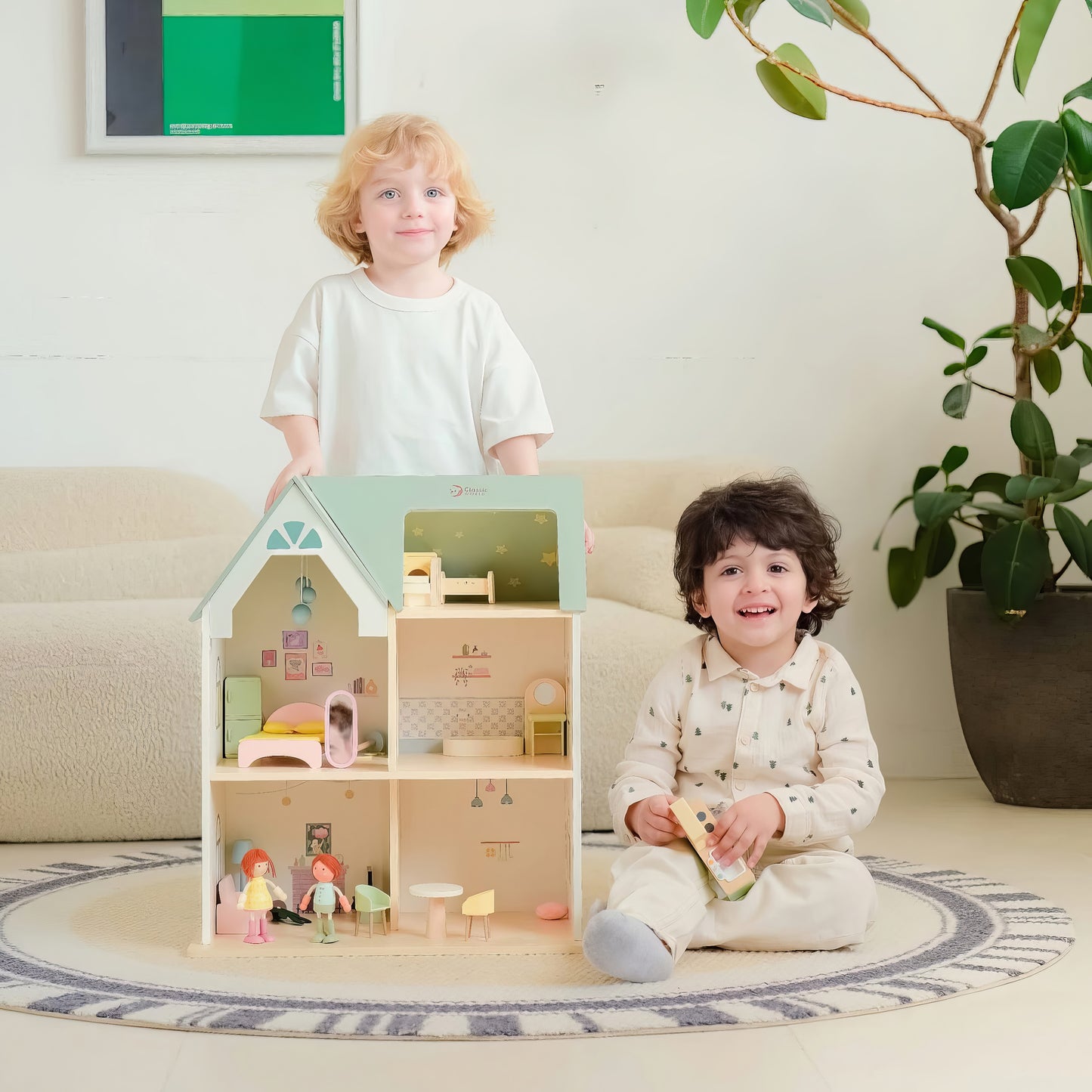 Ahşap Bebek Evi ve Mobilya Seti - Figürlü & 2 Katlı (31 Parça)