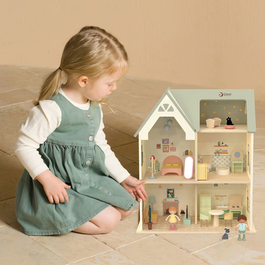 Ahşap Bebek Evi ve Mobilya Seti - Figürlü & 2 Katlı (31 Parça)