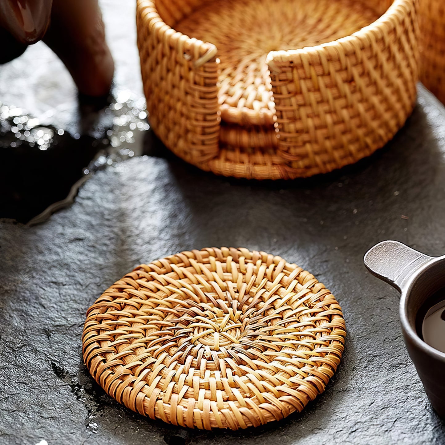 Düz Yuvarlak Rattan Bardak Altlığı 6’lı Set & Minimalist Dekoratif Bardak Standı