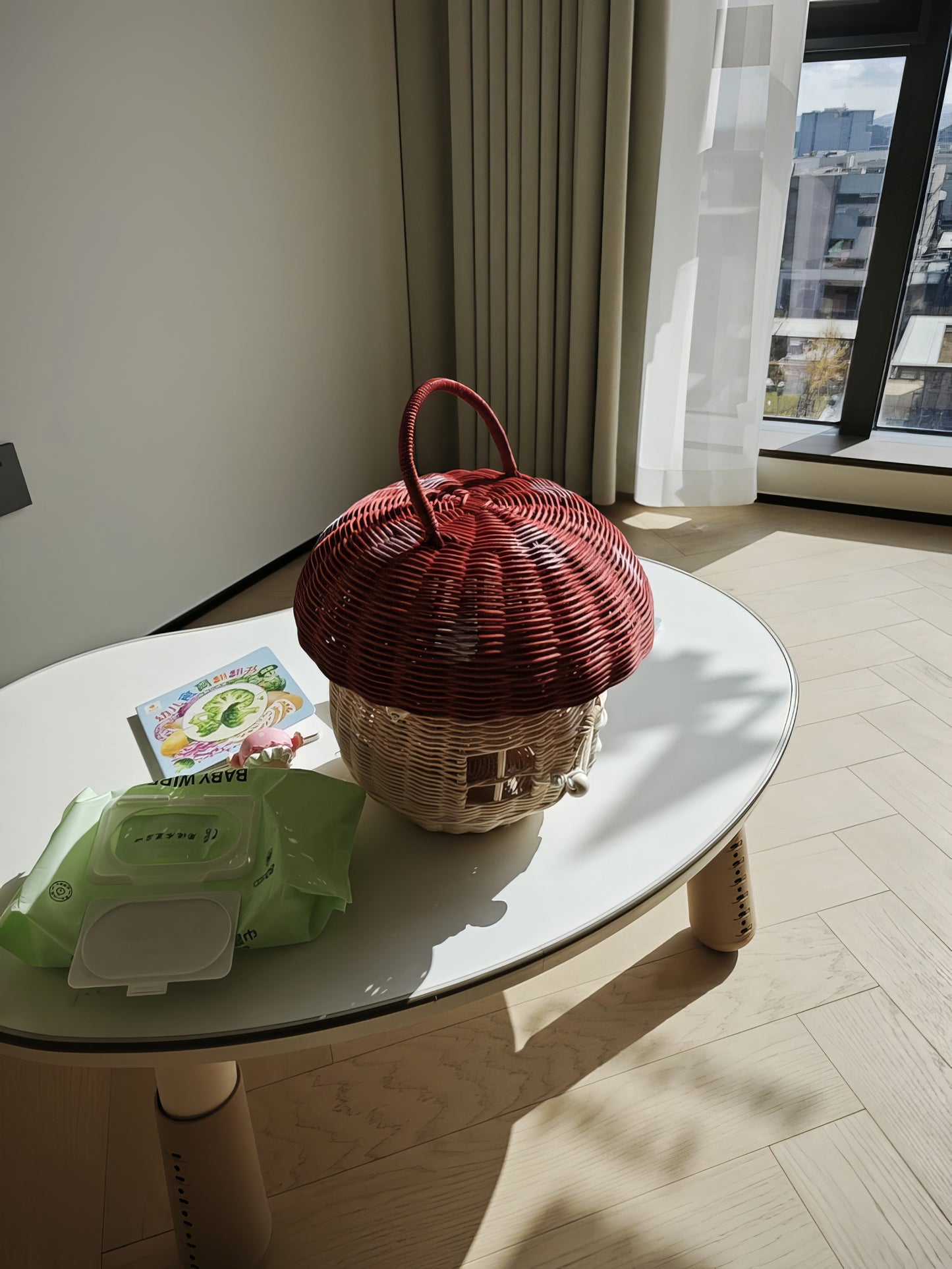 Rattan & Bambu Kırmızı Kapaklı Mantar Çocuk Evi & Dekoratif Çocuk Odası Düzenleyici Organizer