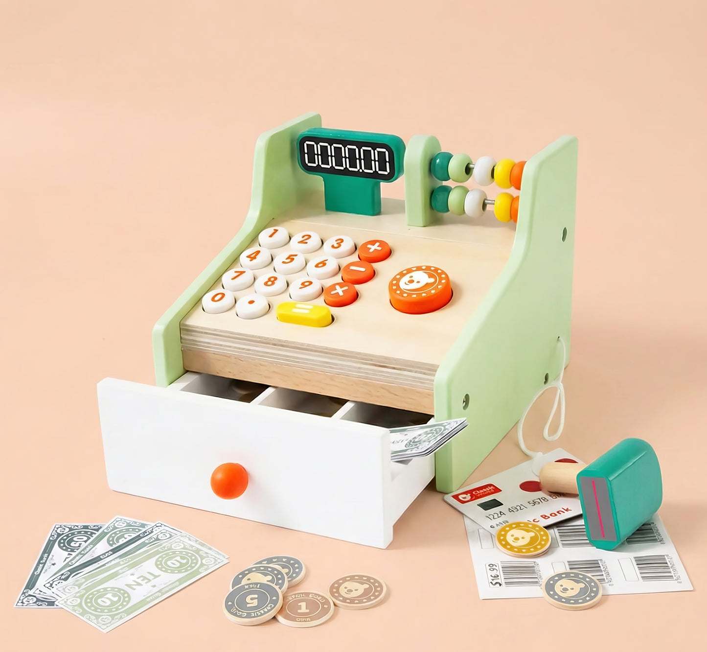 Ahşap Yazar Kasa ve Para Seti - Eğitici Market Oyunu (33 Parça)