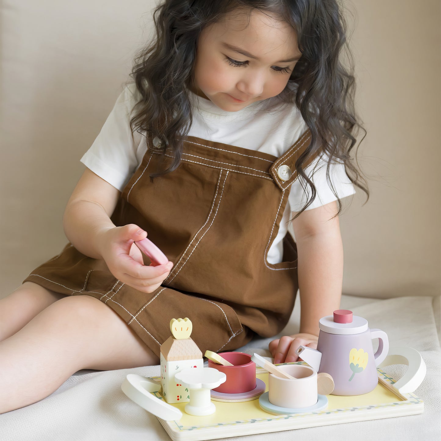 Ahşap Oyuncak Çay Seti - Tepsili & Pastalı Evcilik Oyunu (14 Parça)